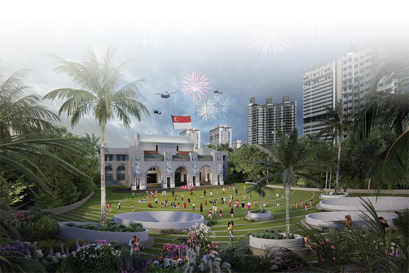 3D render of vibrant public lawn in front of the former Tanjong Pagar Railway Station
